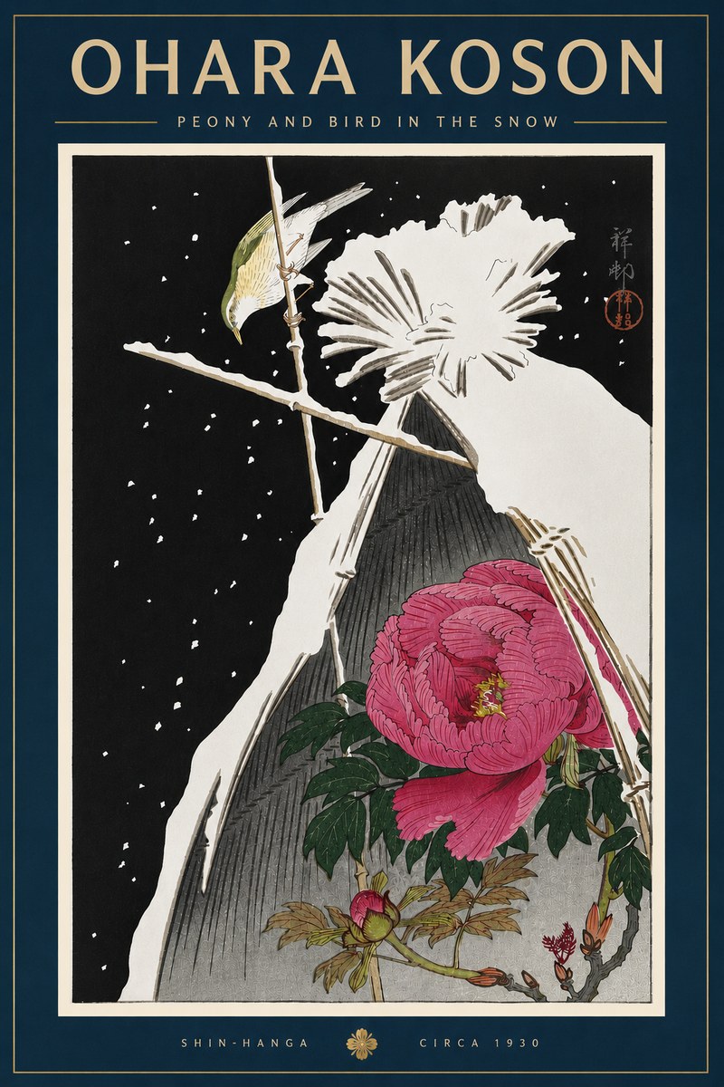 Ohara Koson Peony and Bird in the Snow No6 - Póster