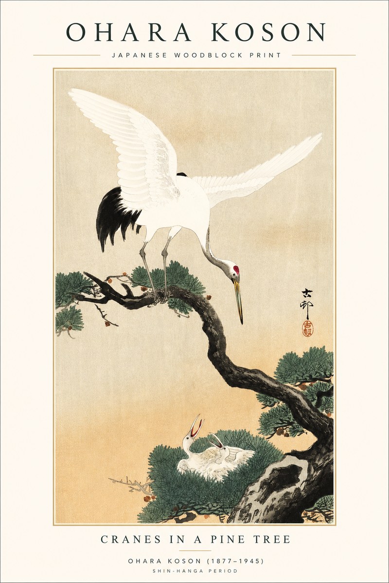 Ohara Koson Cranes in Pine No2 - Póster