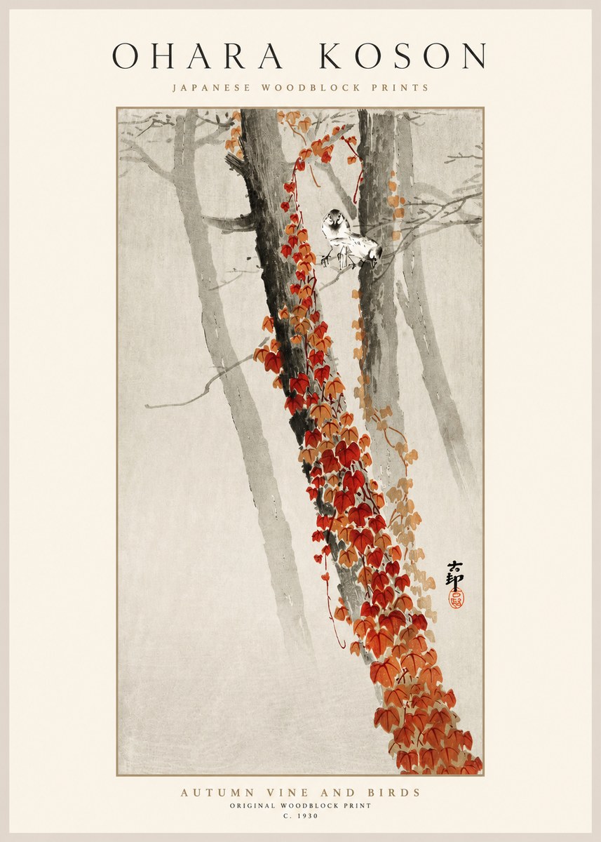 Ohara Koson Autumn Vine and Birds No1 - Póster