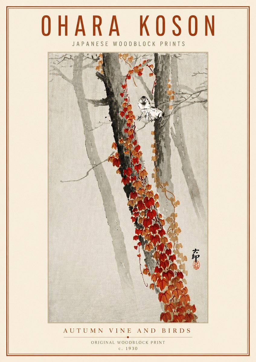 Ohara Koson Autumn Vine and Birds No3 - Póster