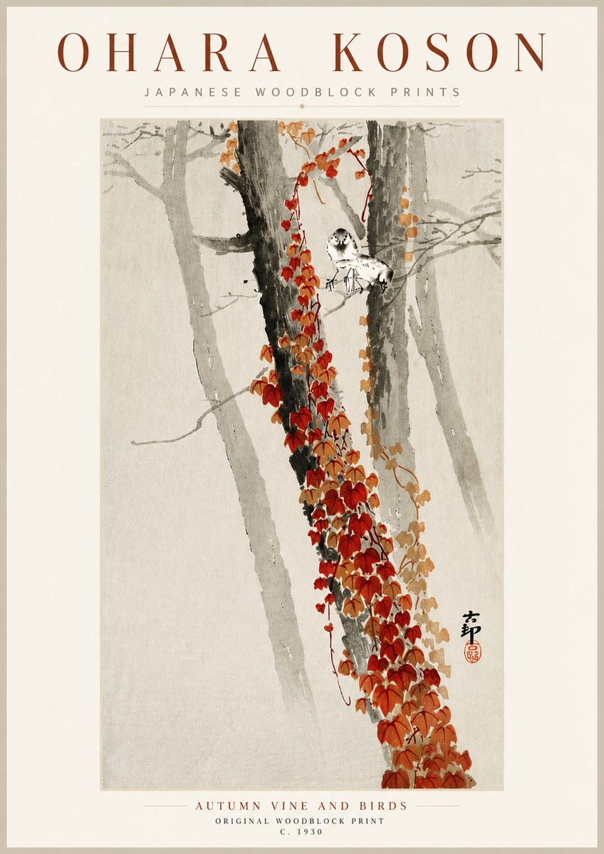 Ohara Koson Autumn Vine and Birds No5 - Póster