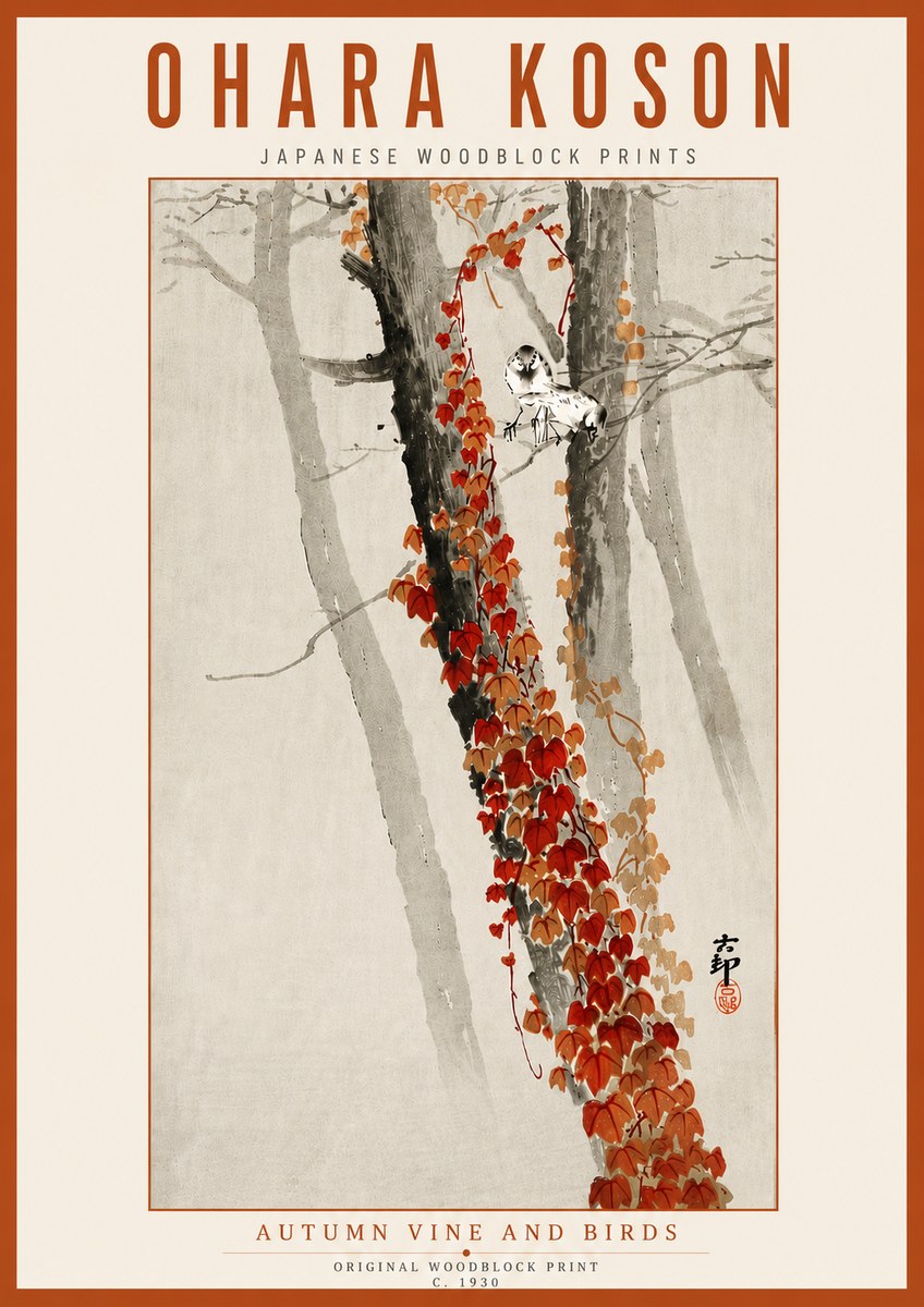 Ohara Koson Autumn Vine and Birds No6 - Póster
