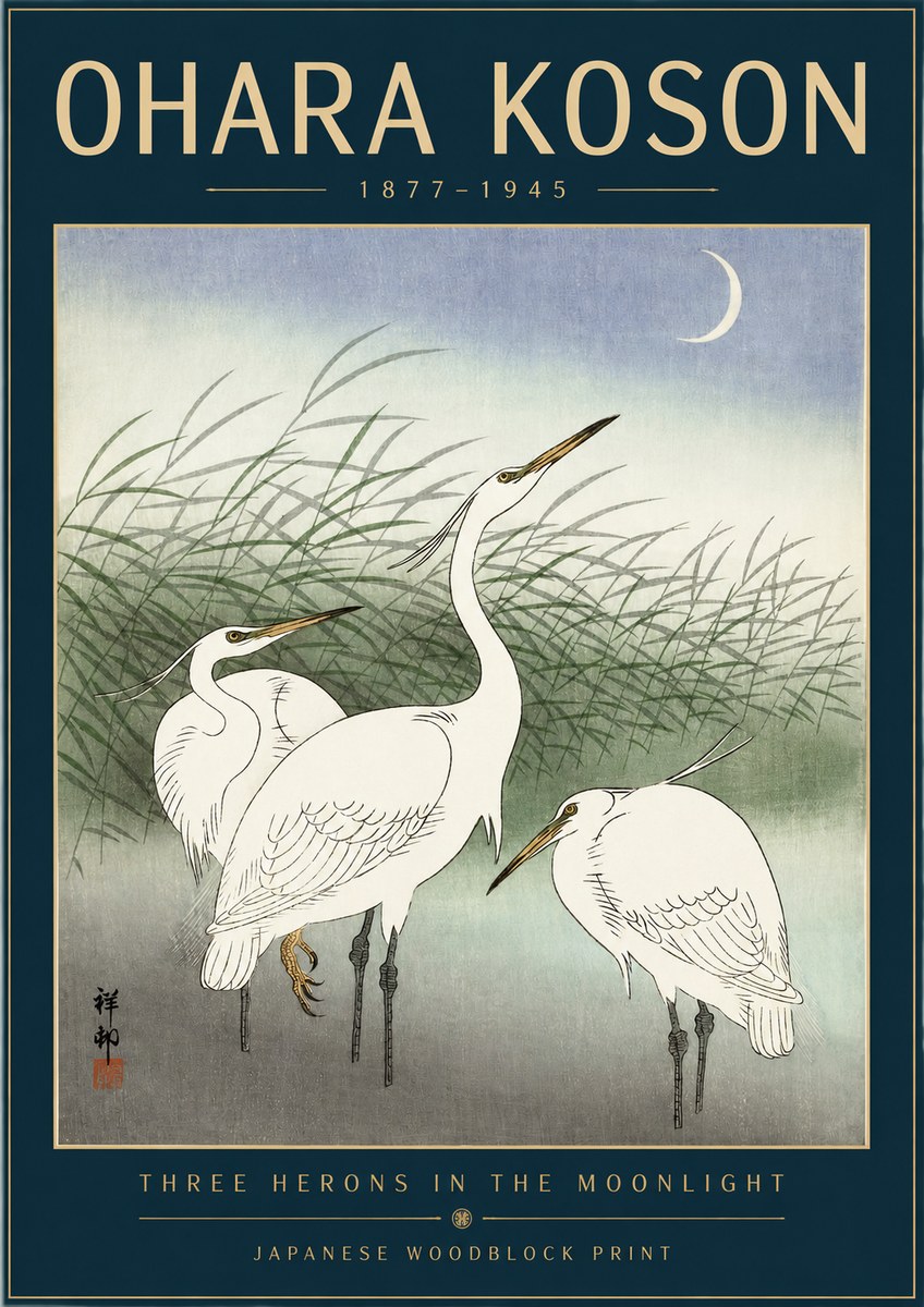 Ohara Koson Three Herons in the Moonlight No2 - Póster