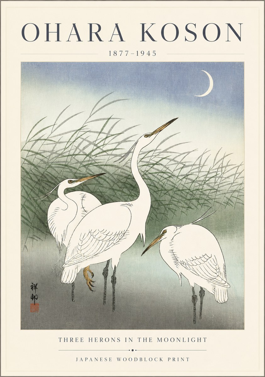 Ohara Koson Three Herons in the Moonlight No3 - Póster