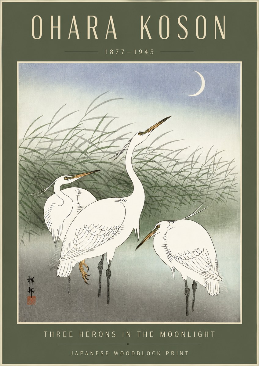 Ohara Koson Three Herons in the Moonlight No4 - Póster