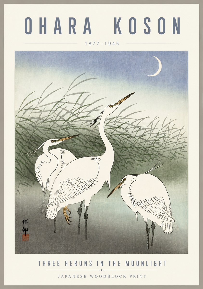 Ohara Koson Three Herons in the Moonlight No5 - Póster