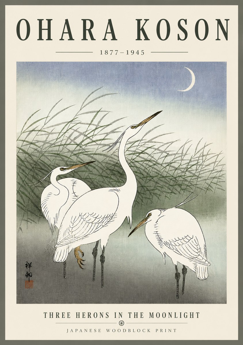 Ohara Koson Three Herons in the Moonlight No6 - Póster