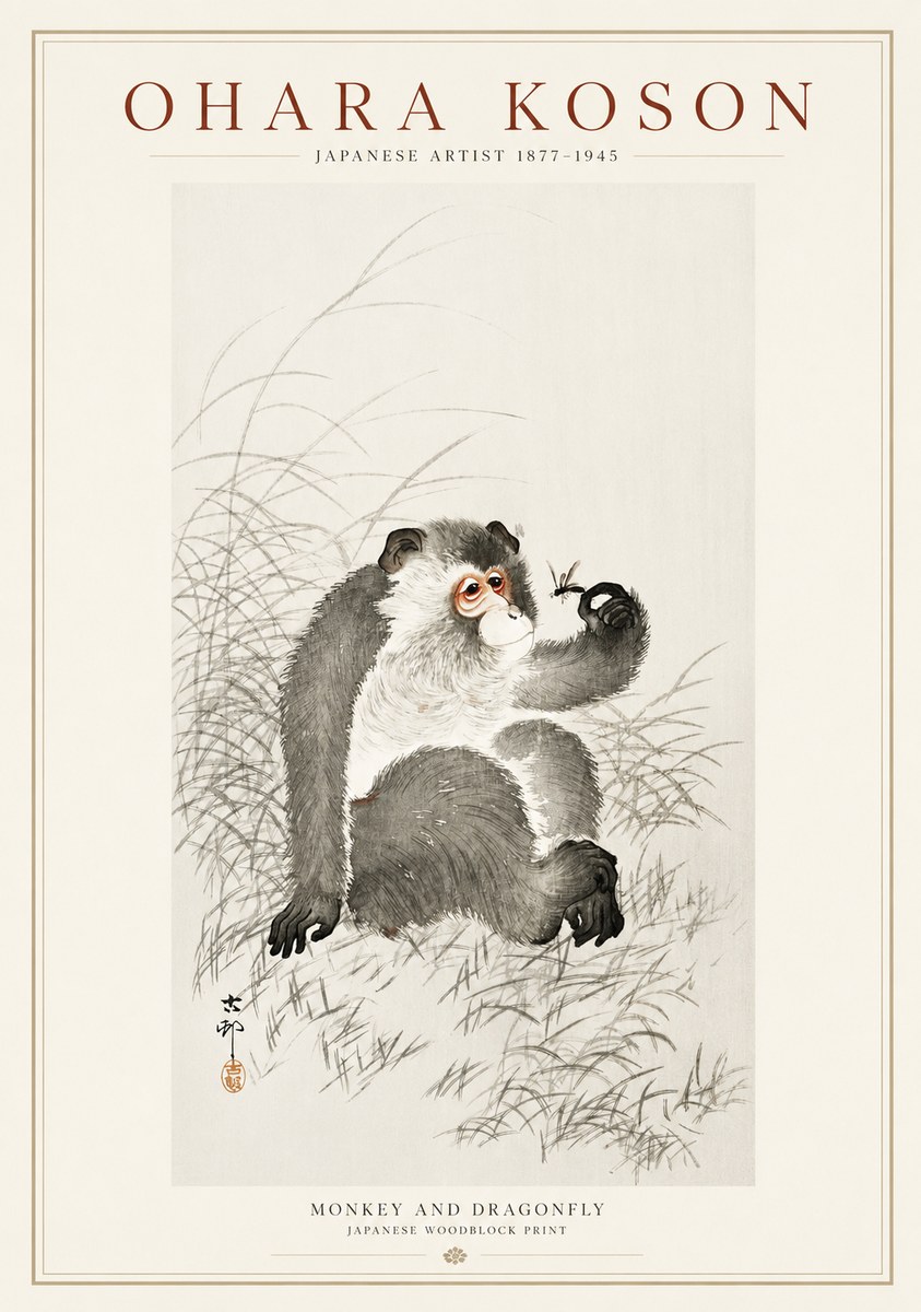 Ohara Koson Monkey and Dragonfly No1 - Póster
