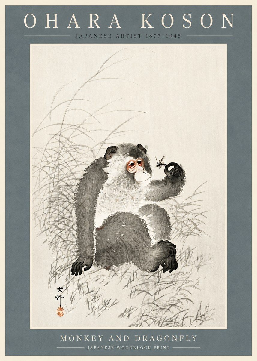 Ohara Koson Monkey and Dragonfly No2 - Póster