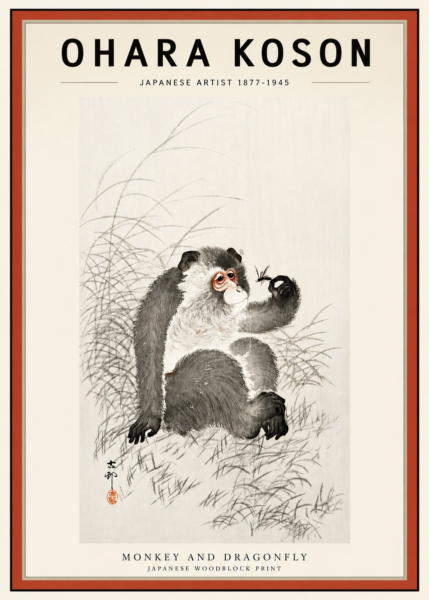 Ohara Koson Monkey and Dragonfly No3 - Póster