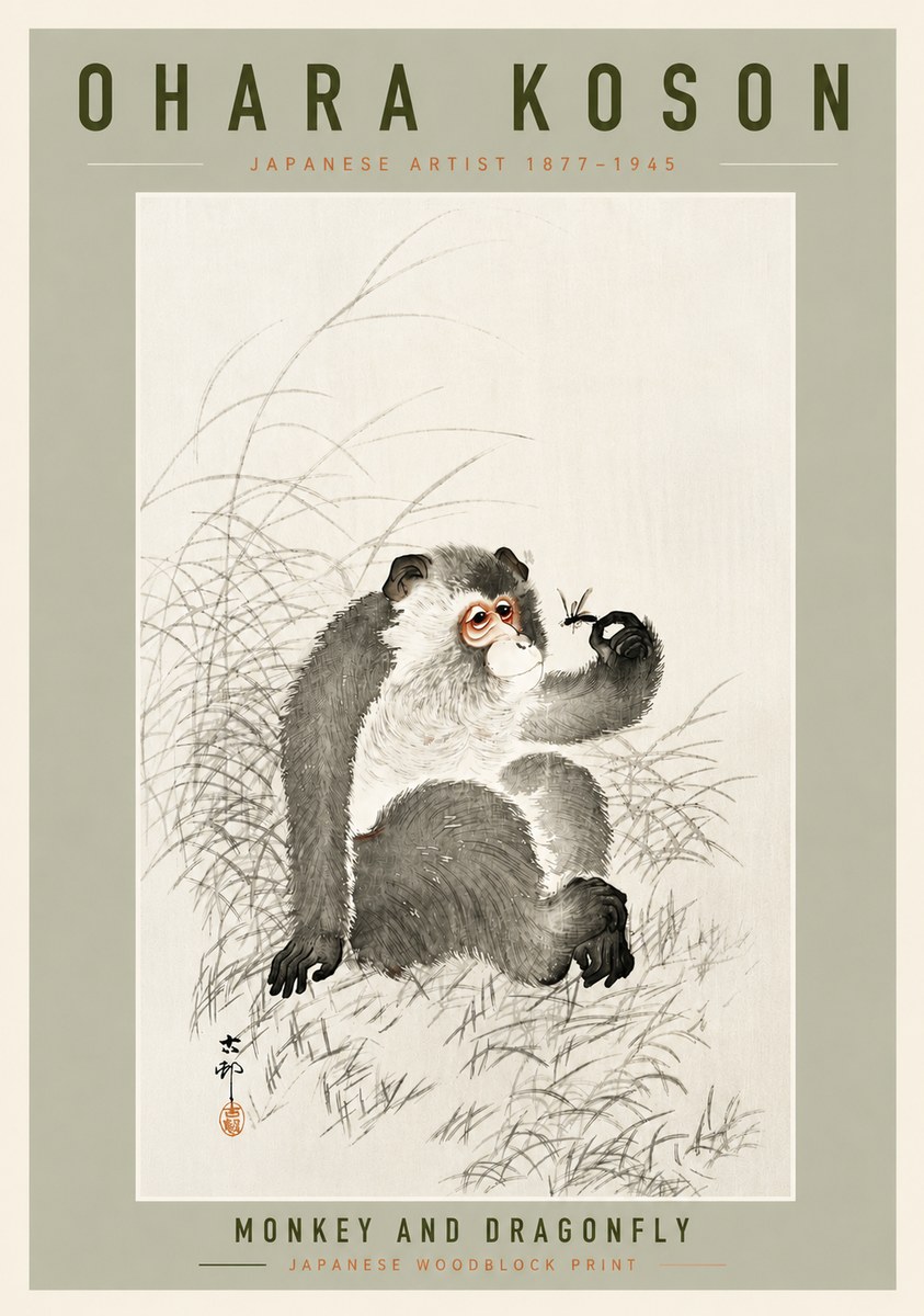 Ohara Koson Monkey and Dragonfly No4 - Póster