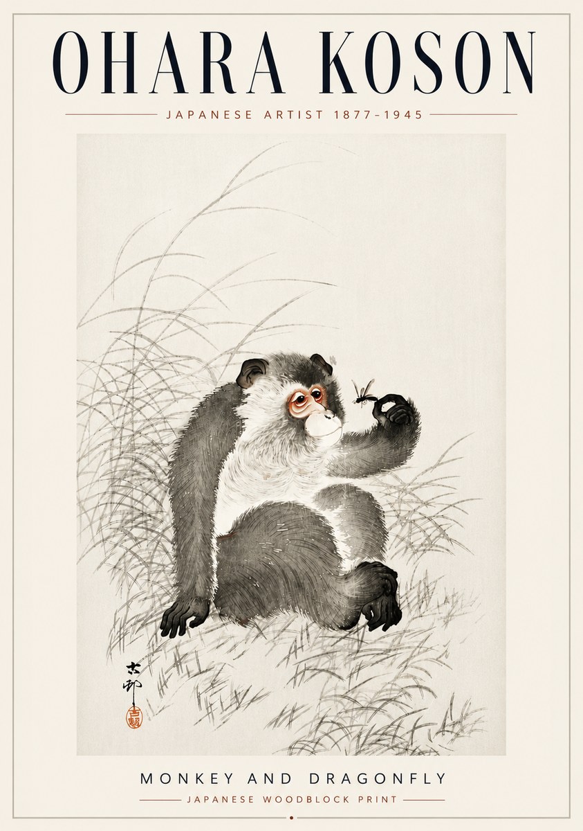 Ohara Koson Monkey and Dragonfly No5 - Póster