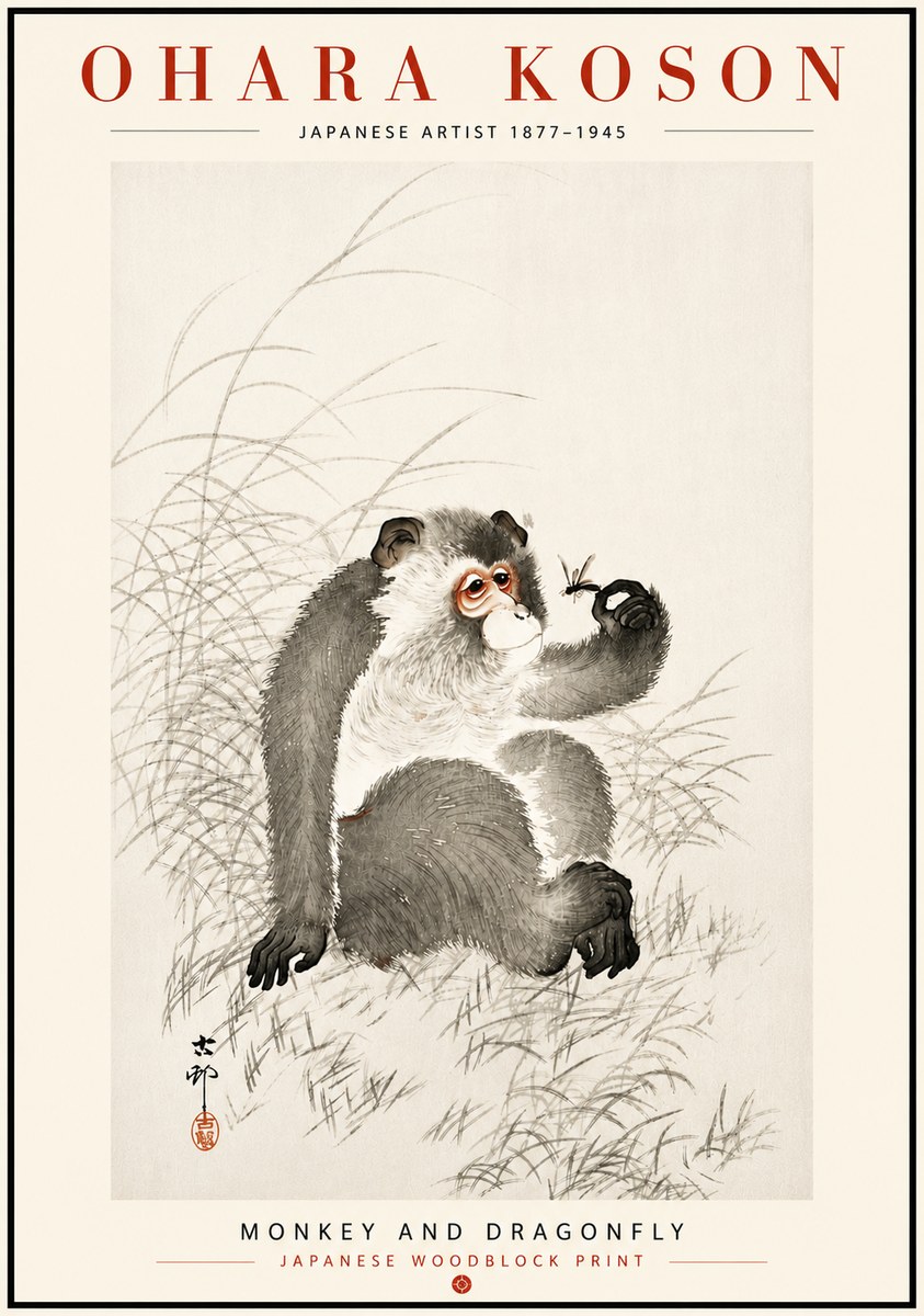 Ohara Koson Monkey and Dragonfly No6 - Póster