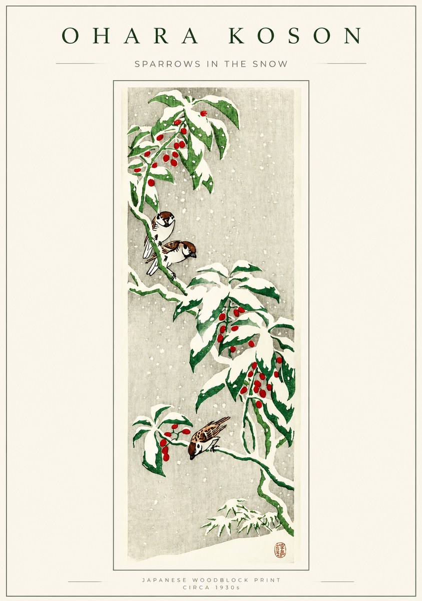 Ohara Koson Sparrows in the Snow No1 - Póster