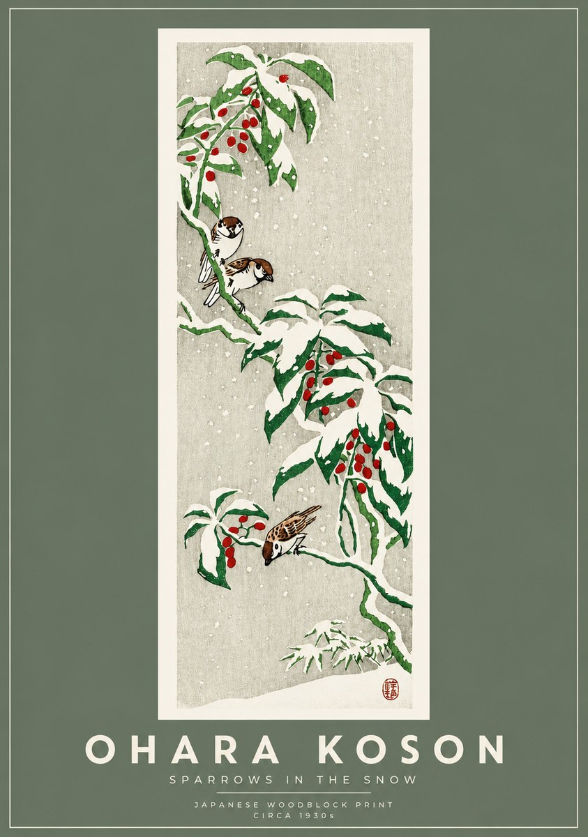 Ohara Koson Sparrows in the Snow No2 - Póster
