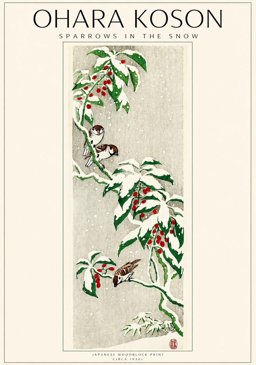 Ohara Koson Sparrows in the Snow No3 - Póster