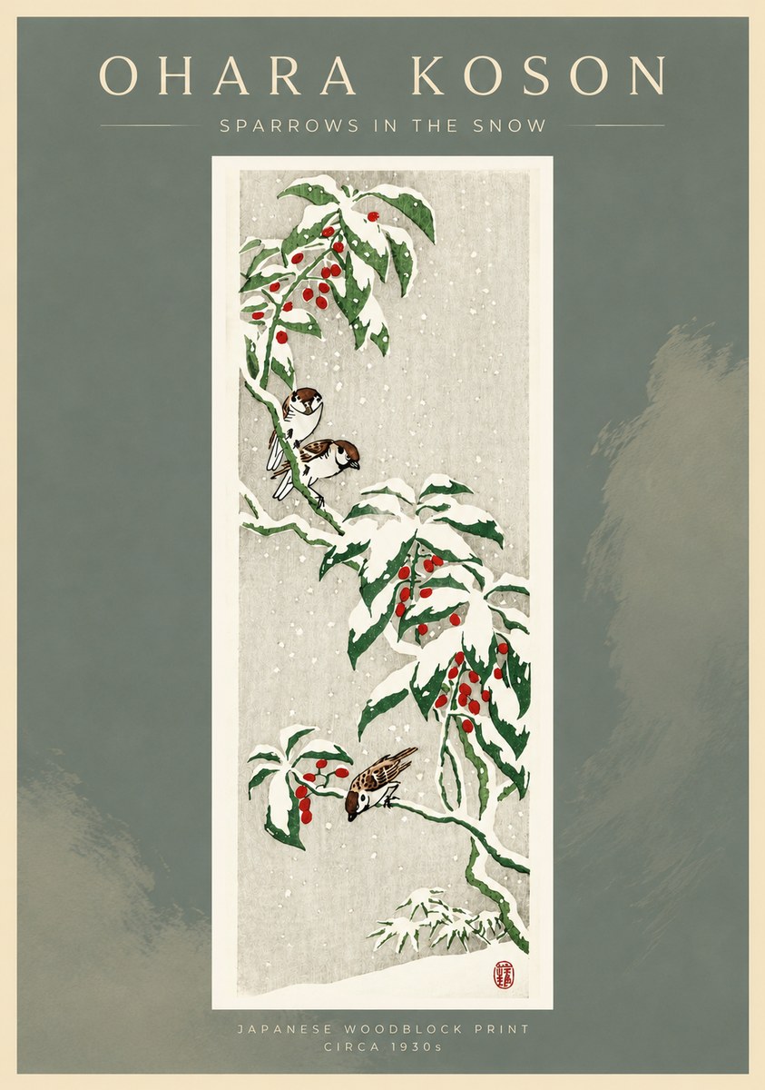 Ohara Koson Sparrows in the Snow No4 - Póster