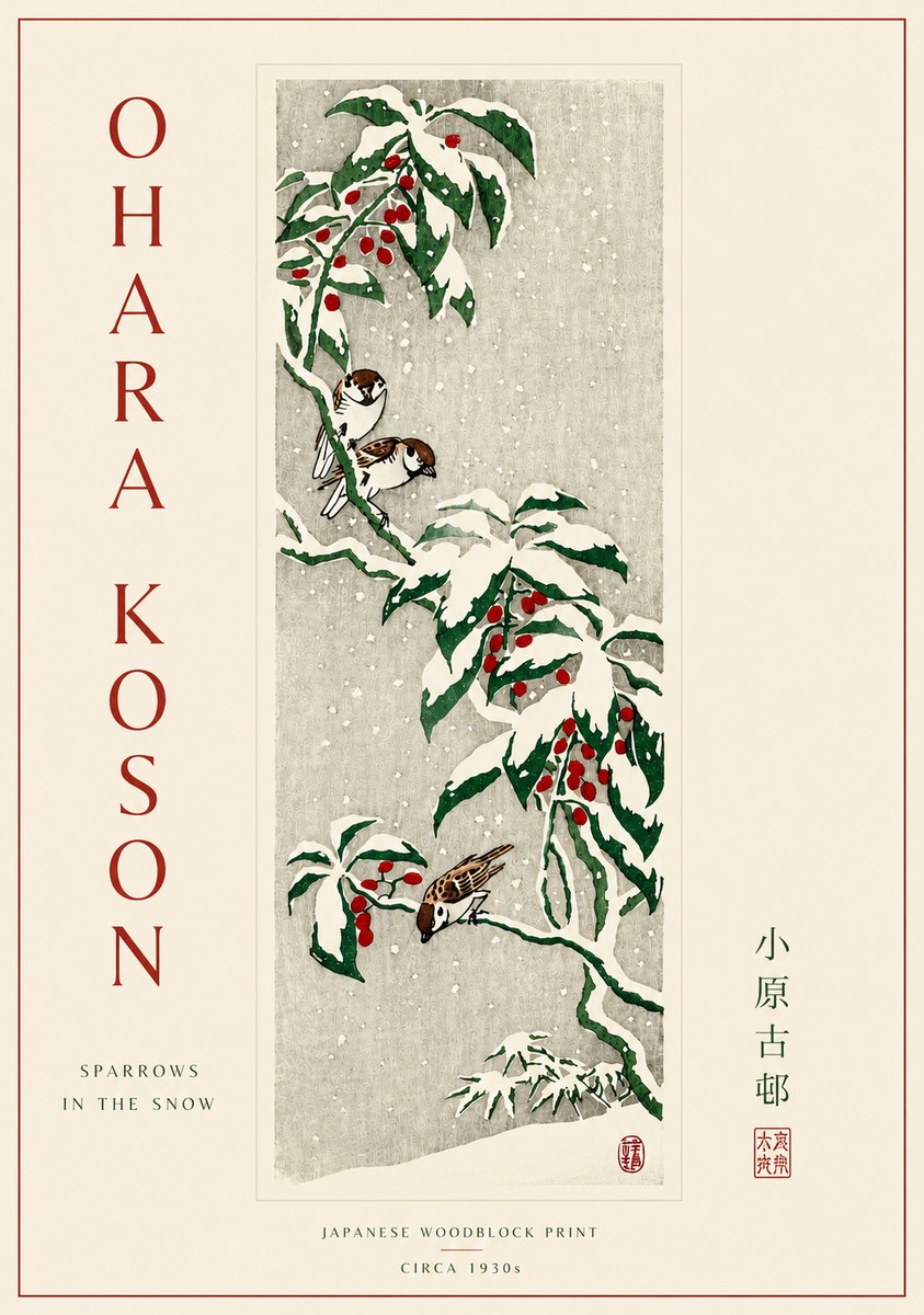 Ohara Koson Sparrows in the Snow No5 - Póster