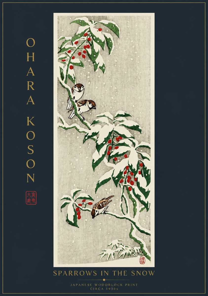 Ohara Koson Sparrows in the Snow No6 - Póster