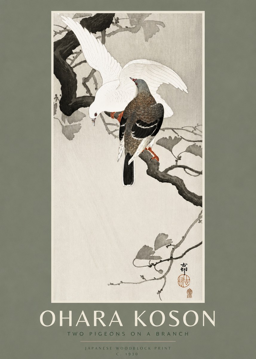 Ohara Koson Two Pigeons on a Branch No2 - Póster