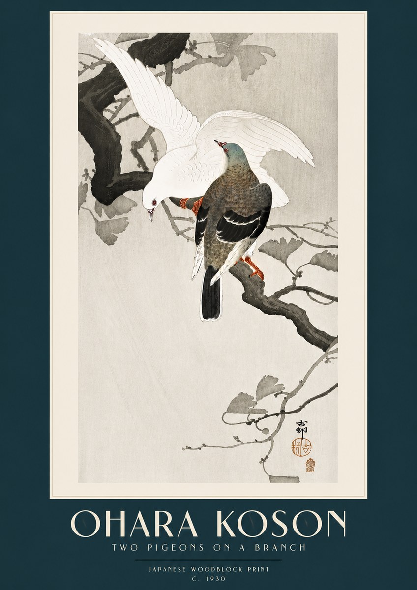 Ohara Koson Two Pigeons on a Branch No5 - Póster