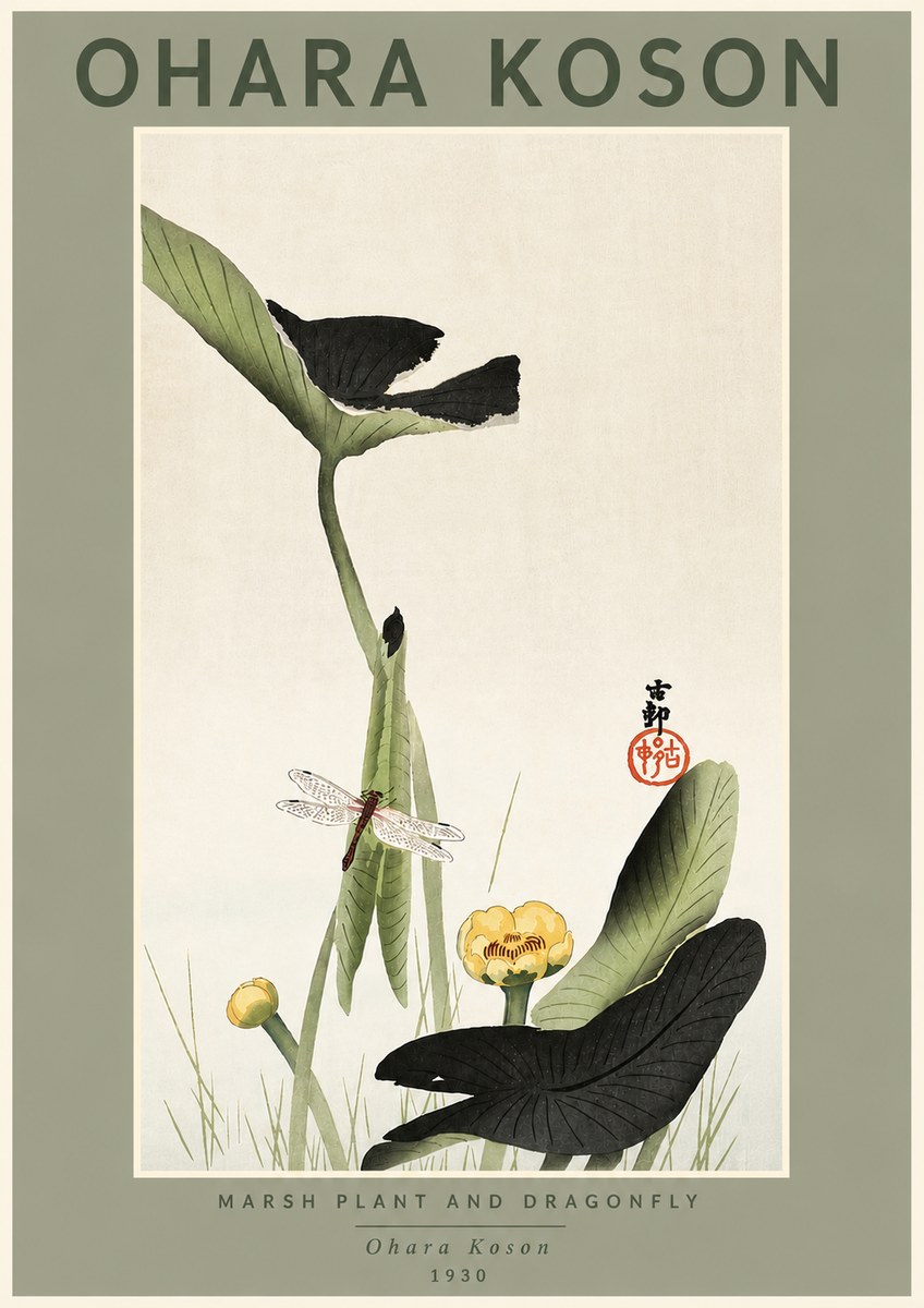 Ohara Koson Marsh Plant and Dragonfly No4 - Póster
