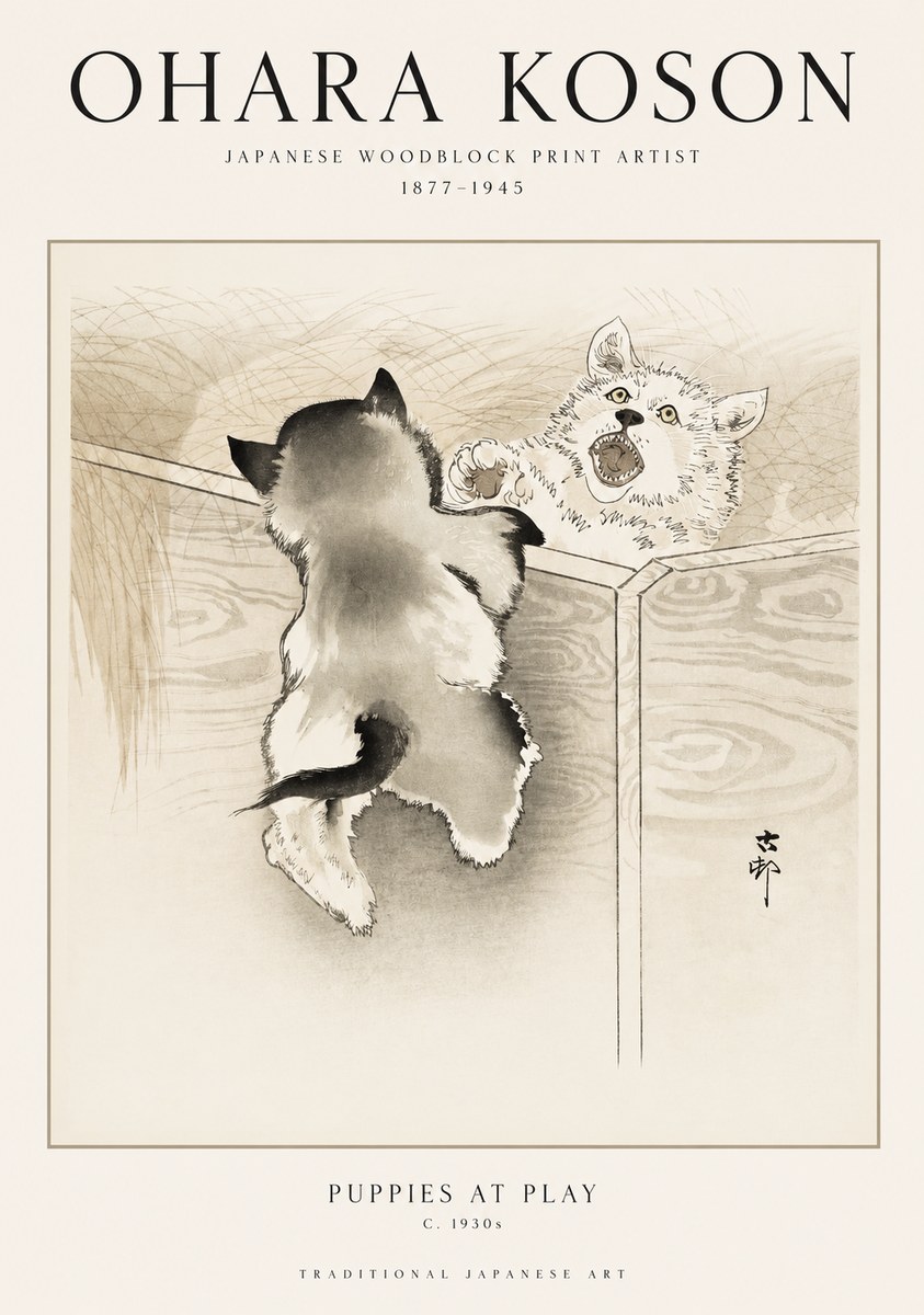 Ohara Koson Puppies at Play No1 - Póster