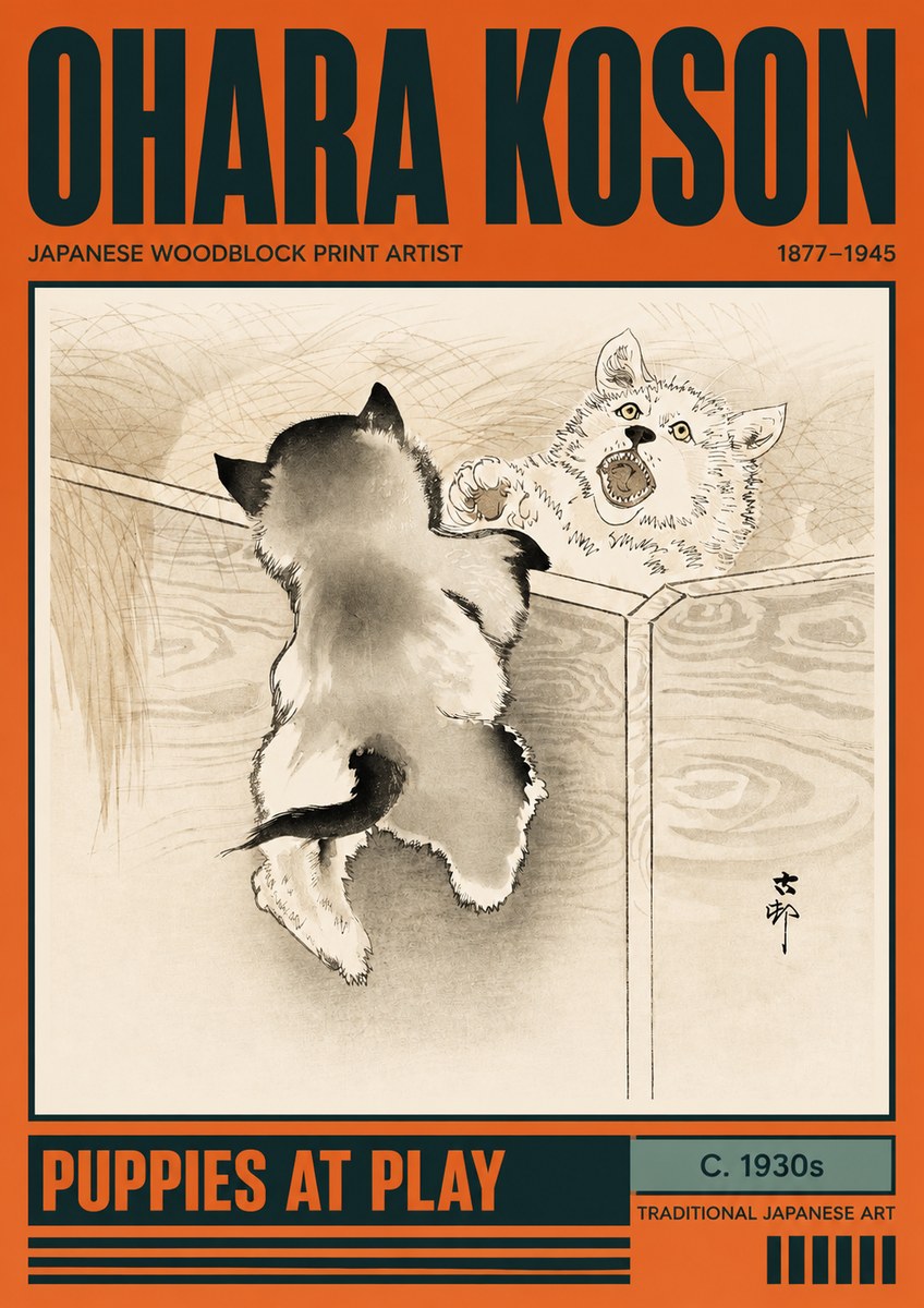 Ohara Koson Puppies at Play No2 - Póster