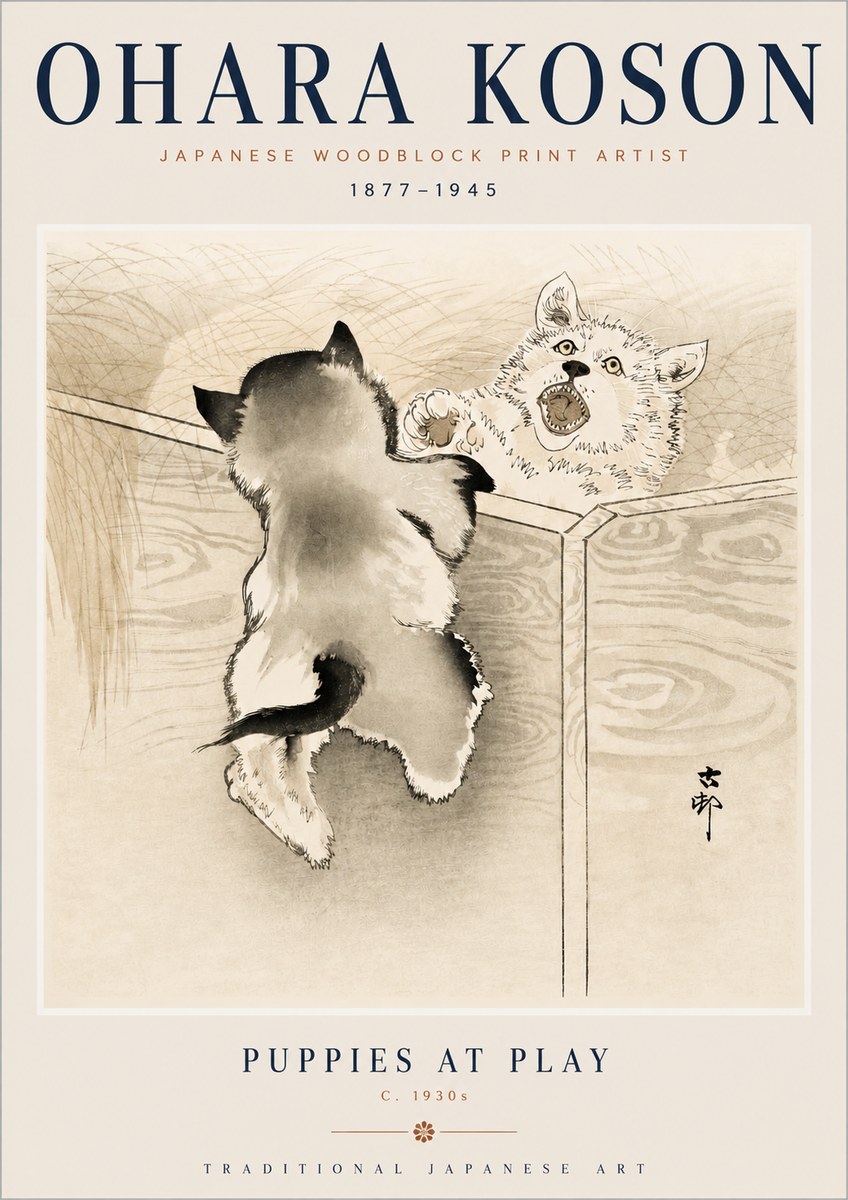 Ohara Koson Puppies at Play No3 - Póster