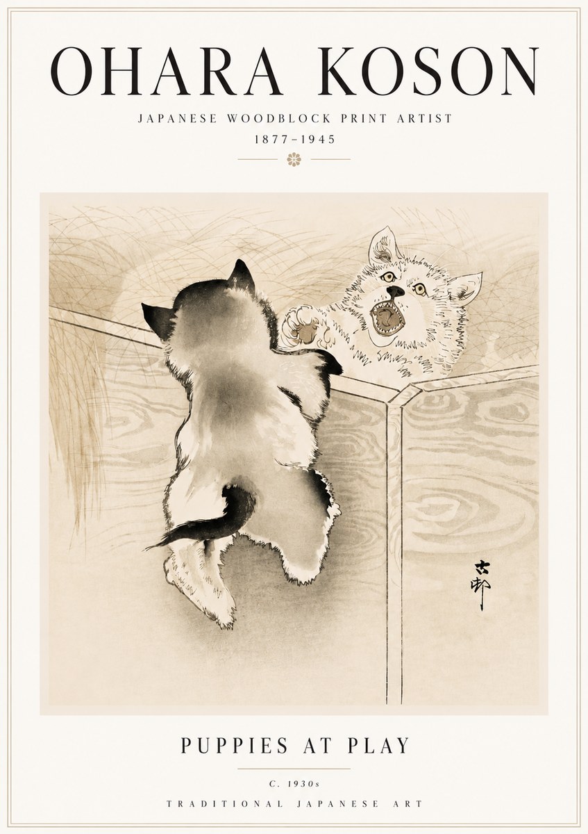 Ohara Koson Puppies at Play No5 - Póster