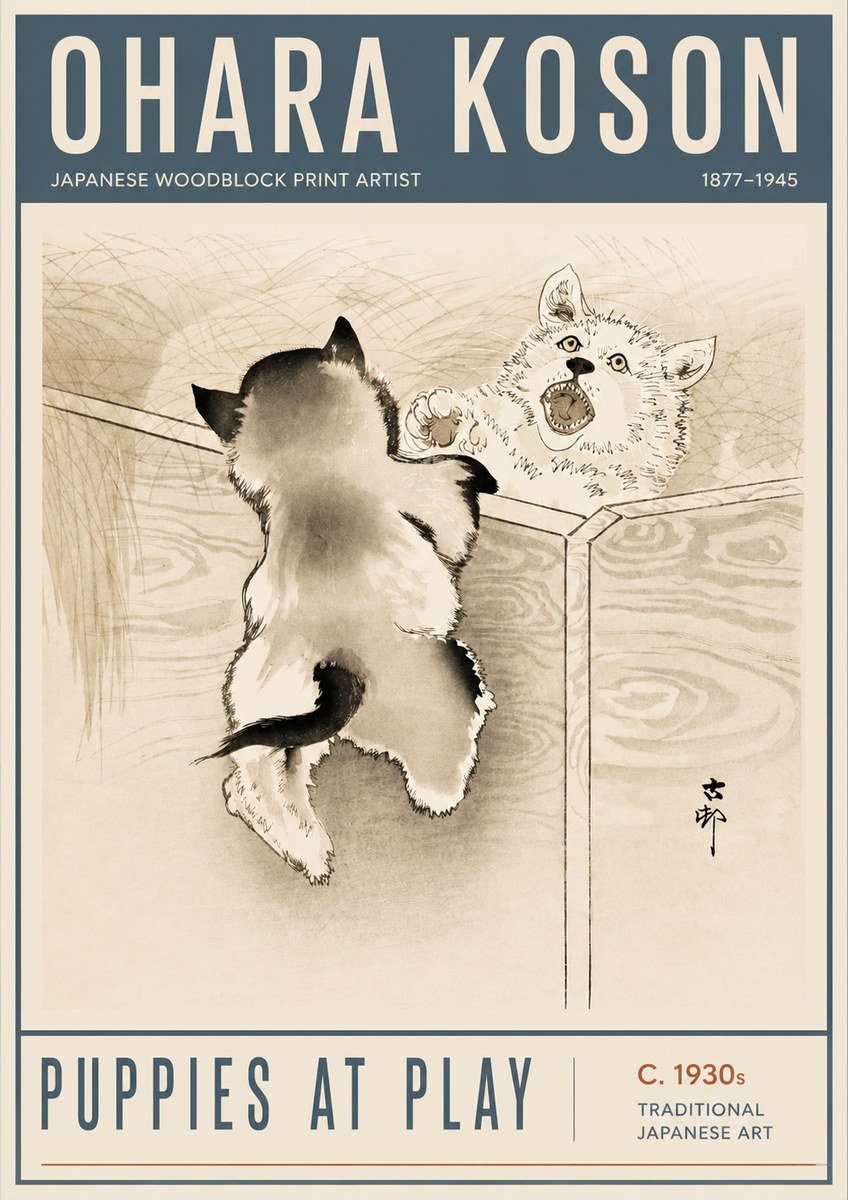 Ohara Koson Puppies at Play No6 - Póster