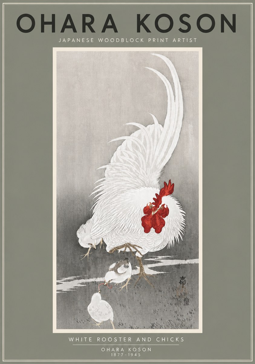Ohara Koson White Rooster and Chicks No4 - Póster