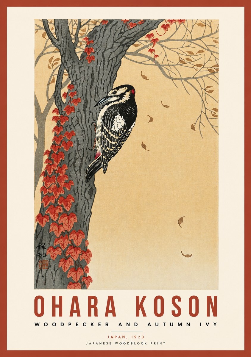 Ohara Koson Woodpecker and Autumn Ivy No5 - Póster