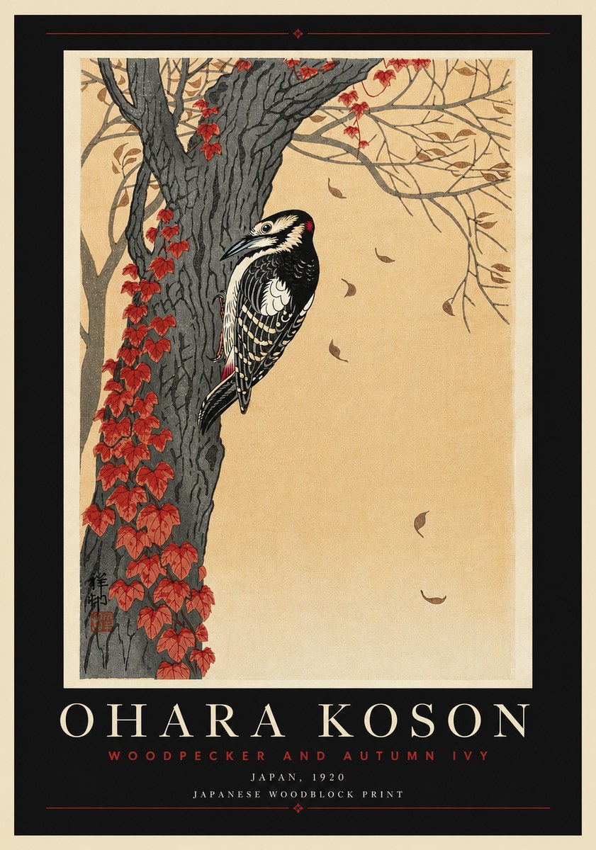 Ohara Koson Woodpecker and Autumn Ivy No6 - Póster