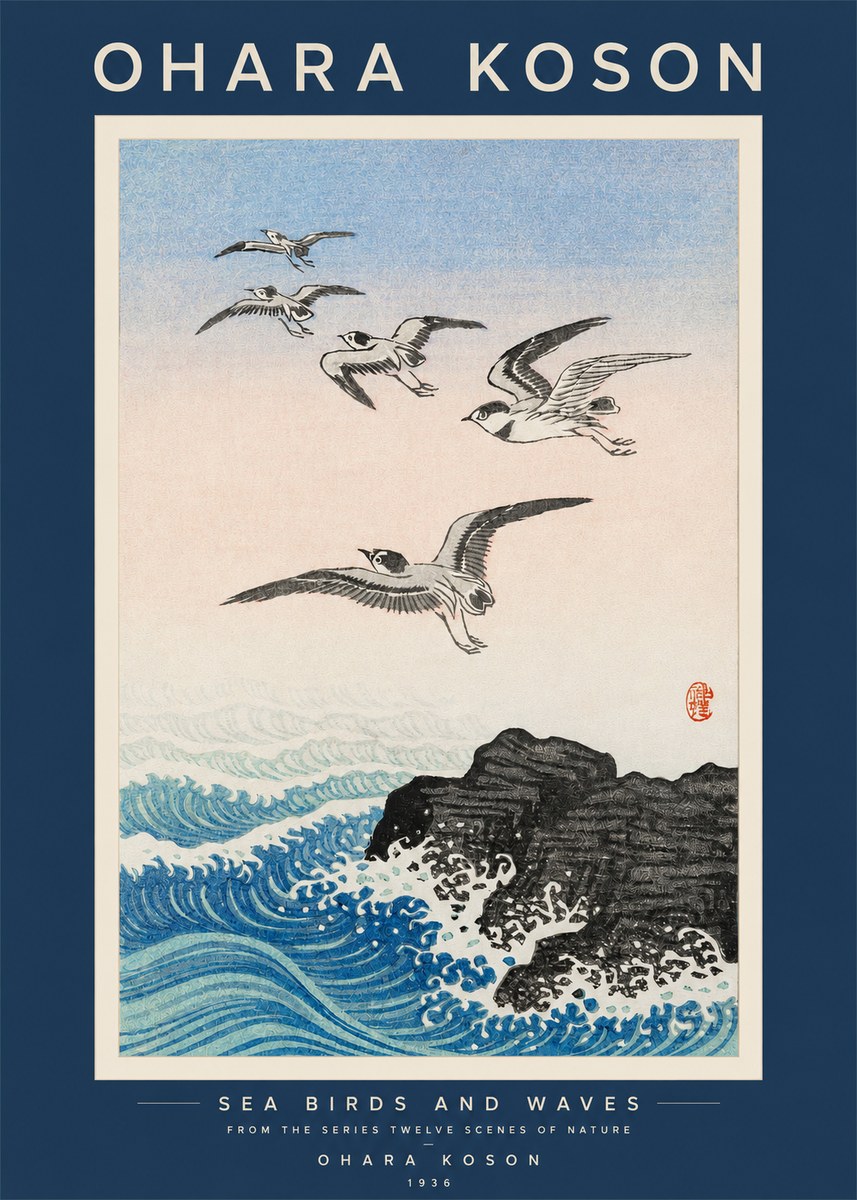 Ohara Koson Sea Birds and Waves No2 - Póster