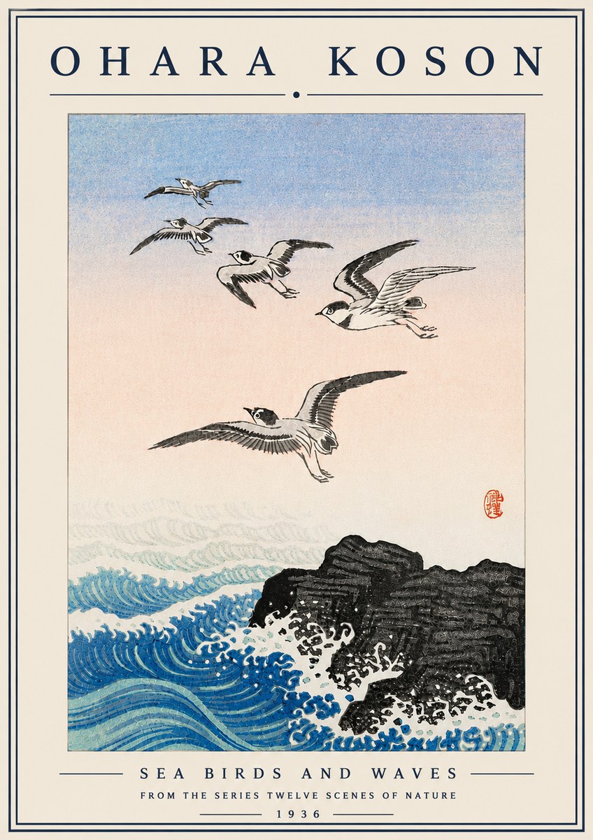 Ohara Koson Sea Birds and Waves No6 - Póster