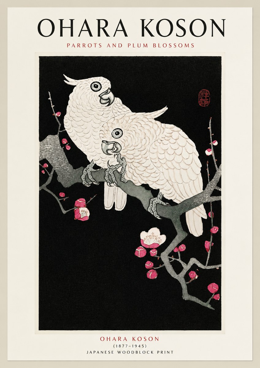 Ohara Koson Parrots and Plum Blossoms No1 - Póster