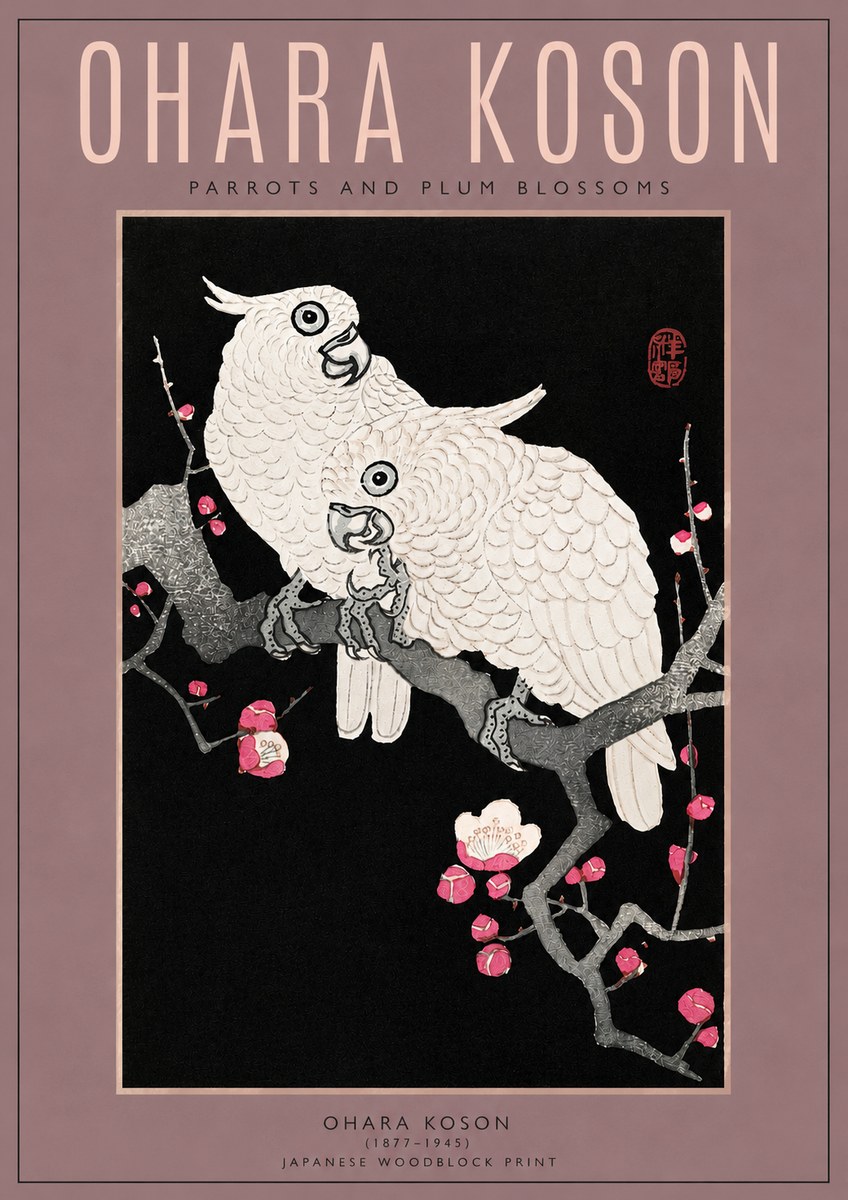 Ohara Koson Parrots and Plum Blossoms No3 - Póster