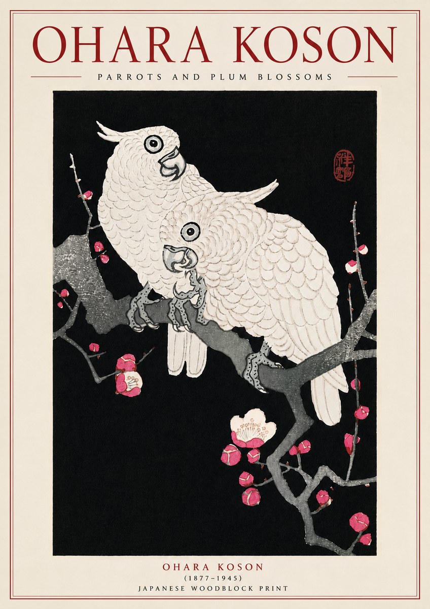 Ohara Koson Parrots and Plum Blossoms No5 - Póster