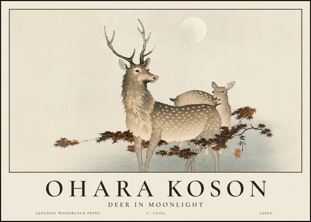 Ohara Koson Deer in Moonlight No3 - Póster