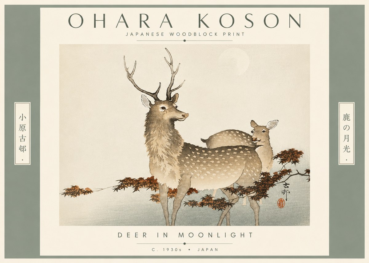 Ohara Koson Deer in Moonlight No4 - Póster