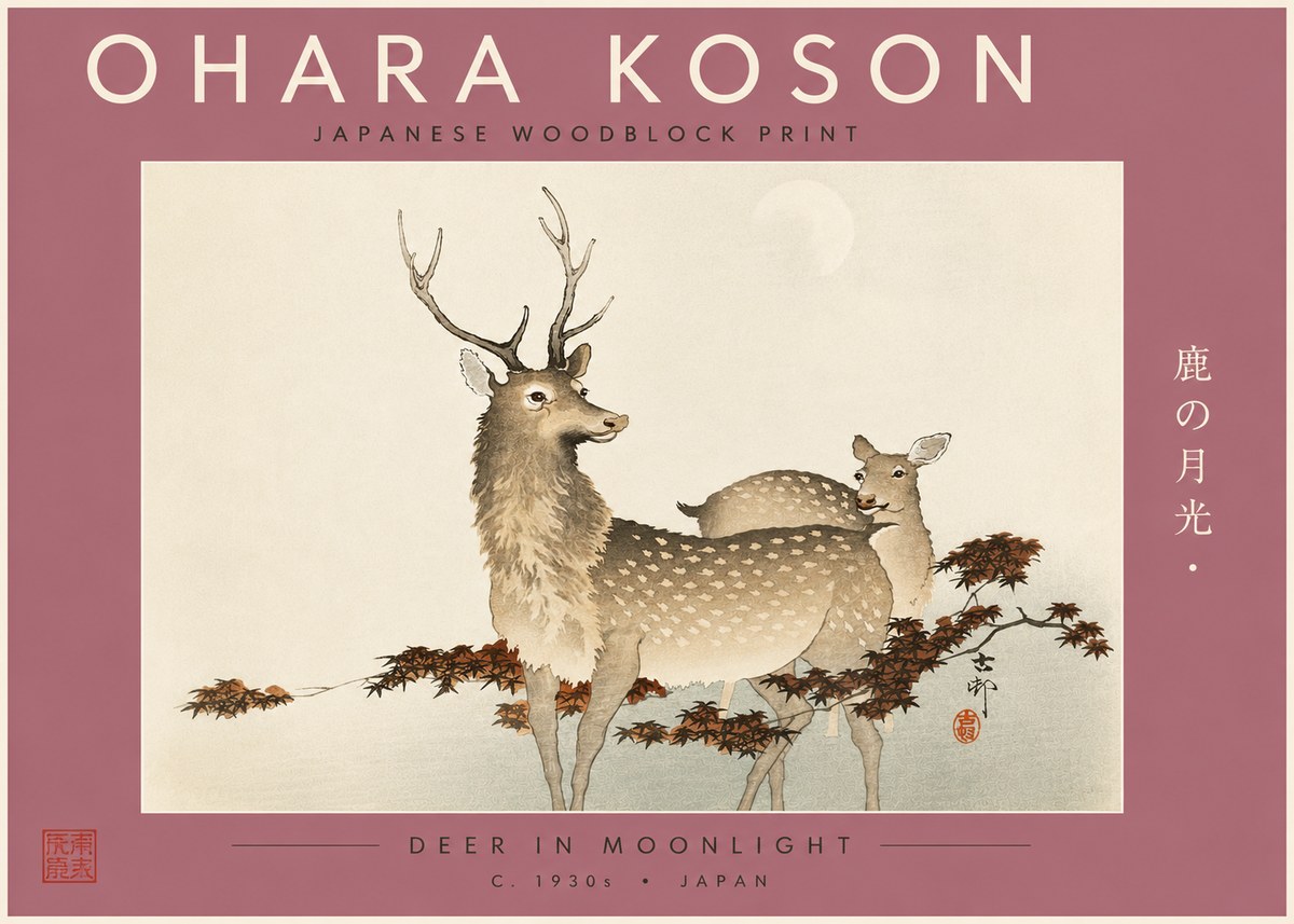 Ohara Koson Deer in Moonlight No5 - Póster