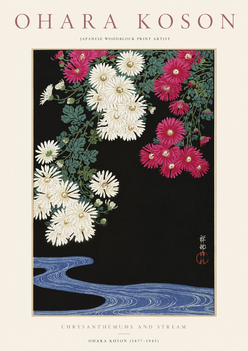 Ohara Koson Chrysanthemums and Stream No1 - Póster