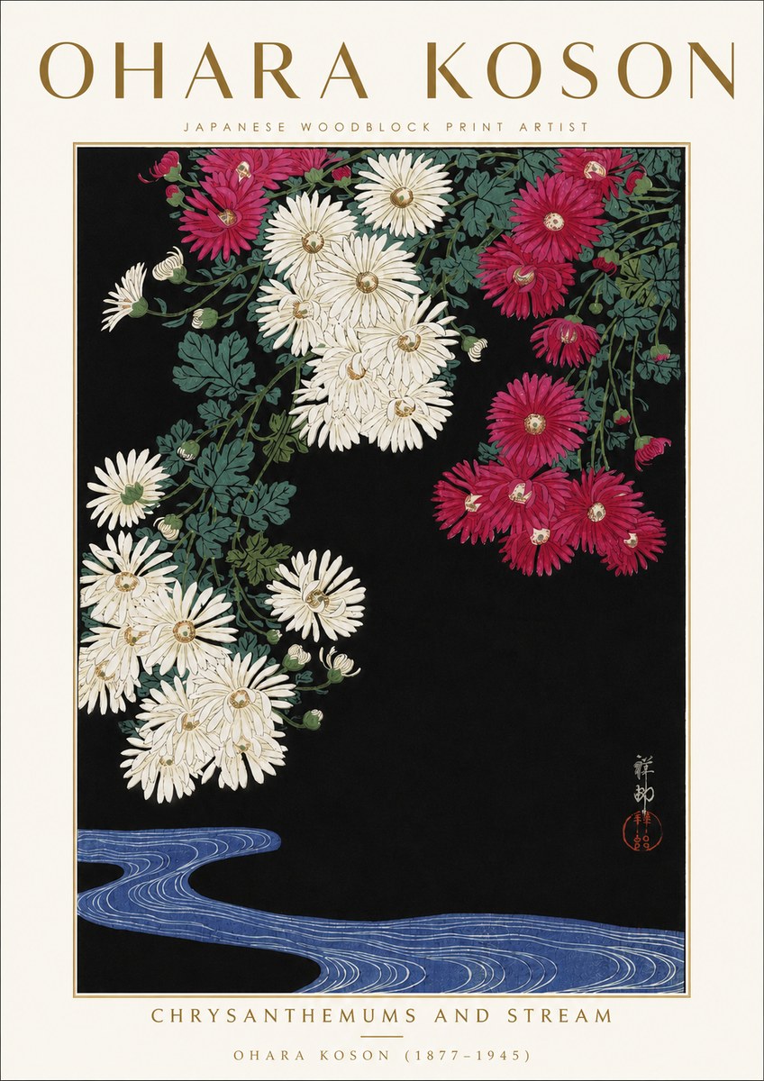 Ohara Koson Chrysanthemums and Stream No3 - Póster
