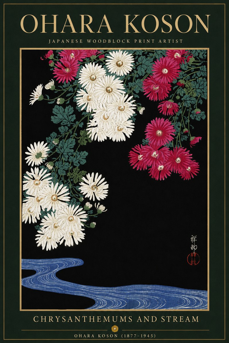Ohara Koson Chrysanthemums and Stream No6 - Póster