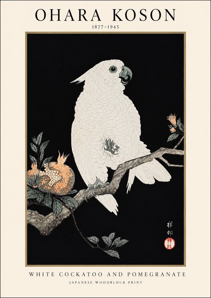 Ohara Koson White Cockatoo and Pomegranate II No1 - Póster