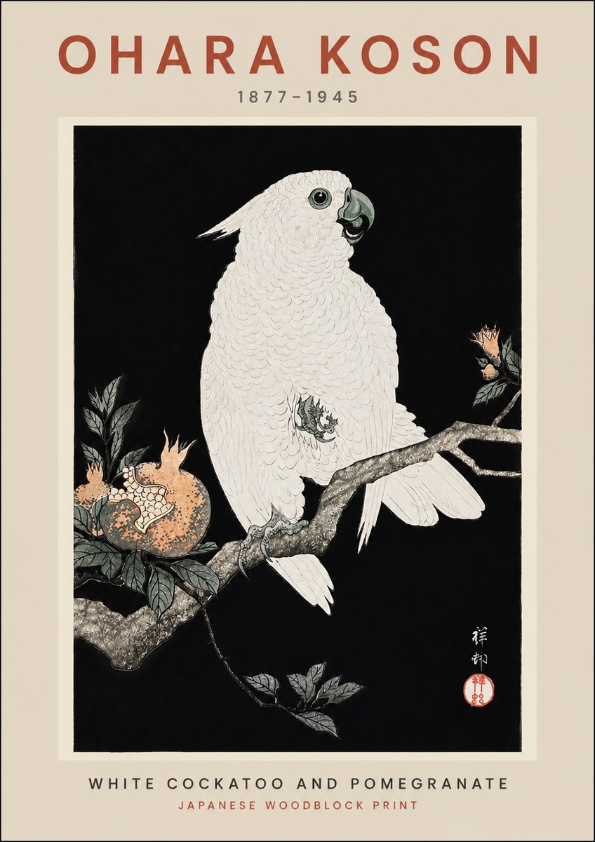 Ohara Koson White Cockatoo and Pomegranate II No2 - Póster