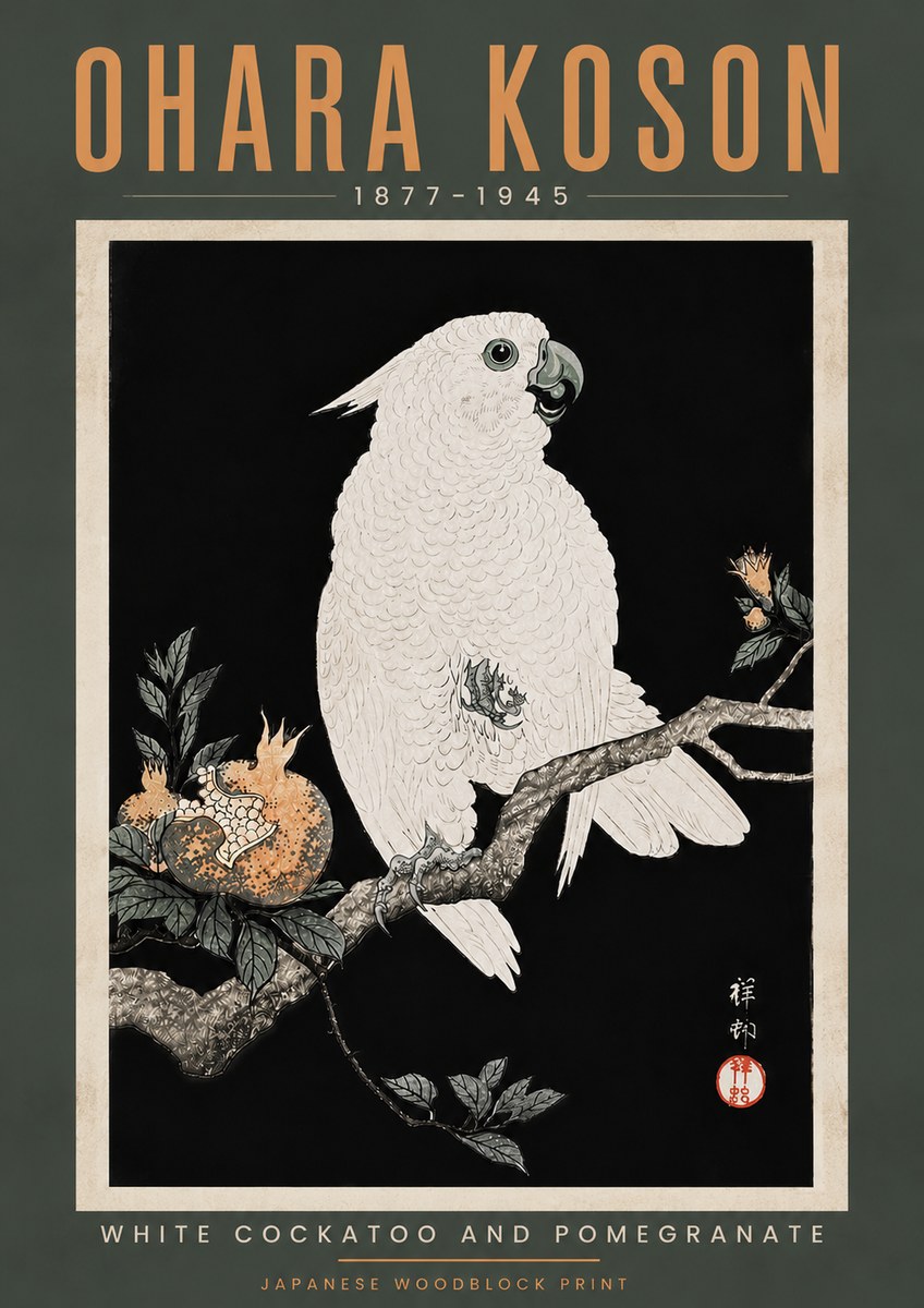 Ohara Koson White Cockatoo and Pomegranate II No5 - Póster