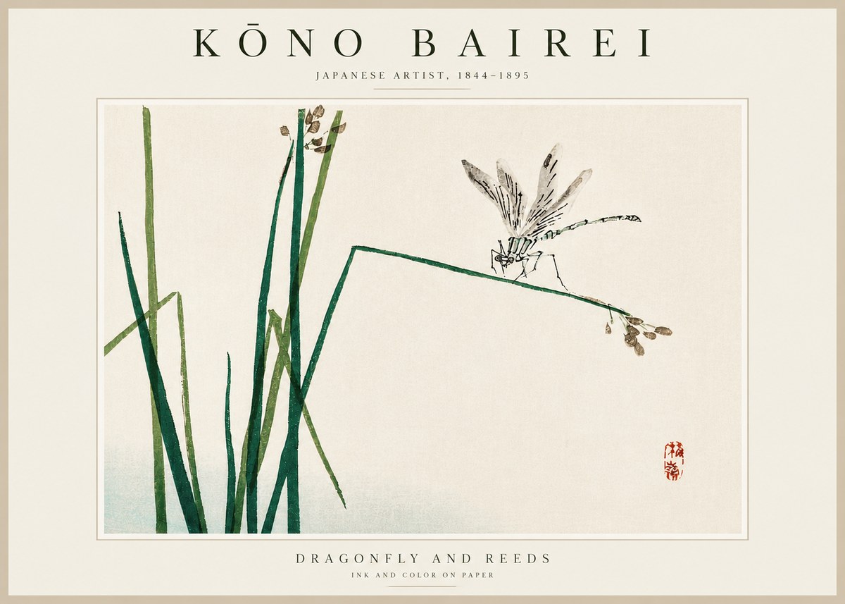 Kōno Bairei Dragonfly and Reeds No3 - Póster