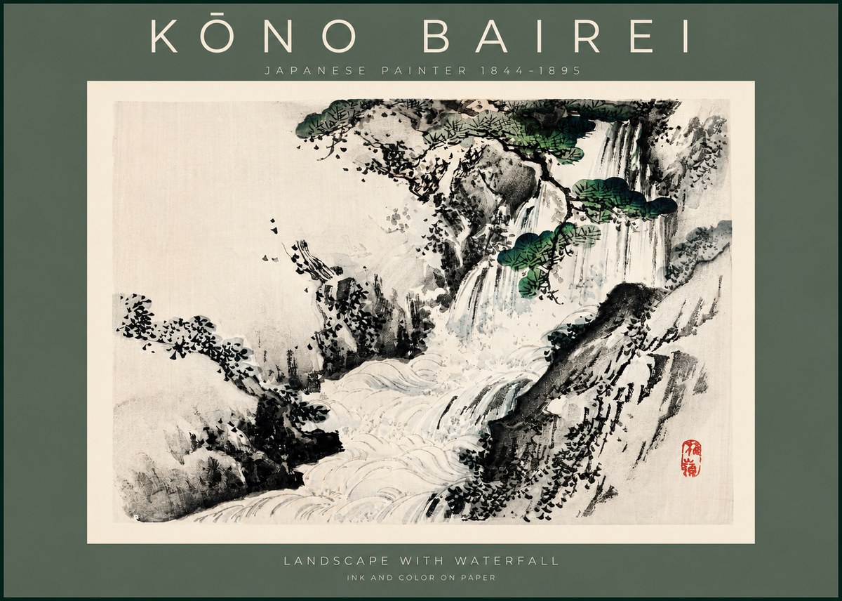 Kōno Bairei Landscape with Waterfall No2 - Póster